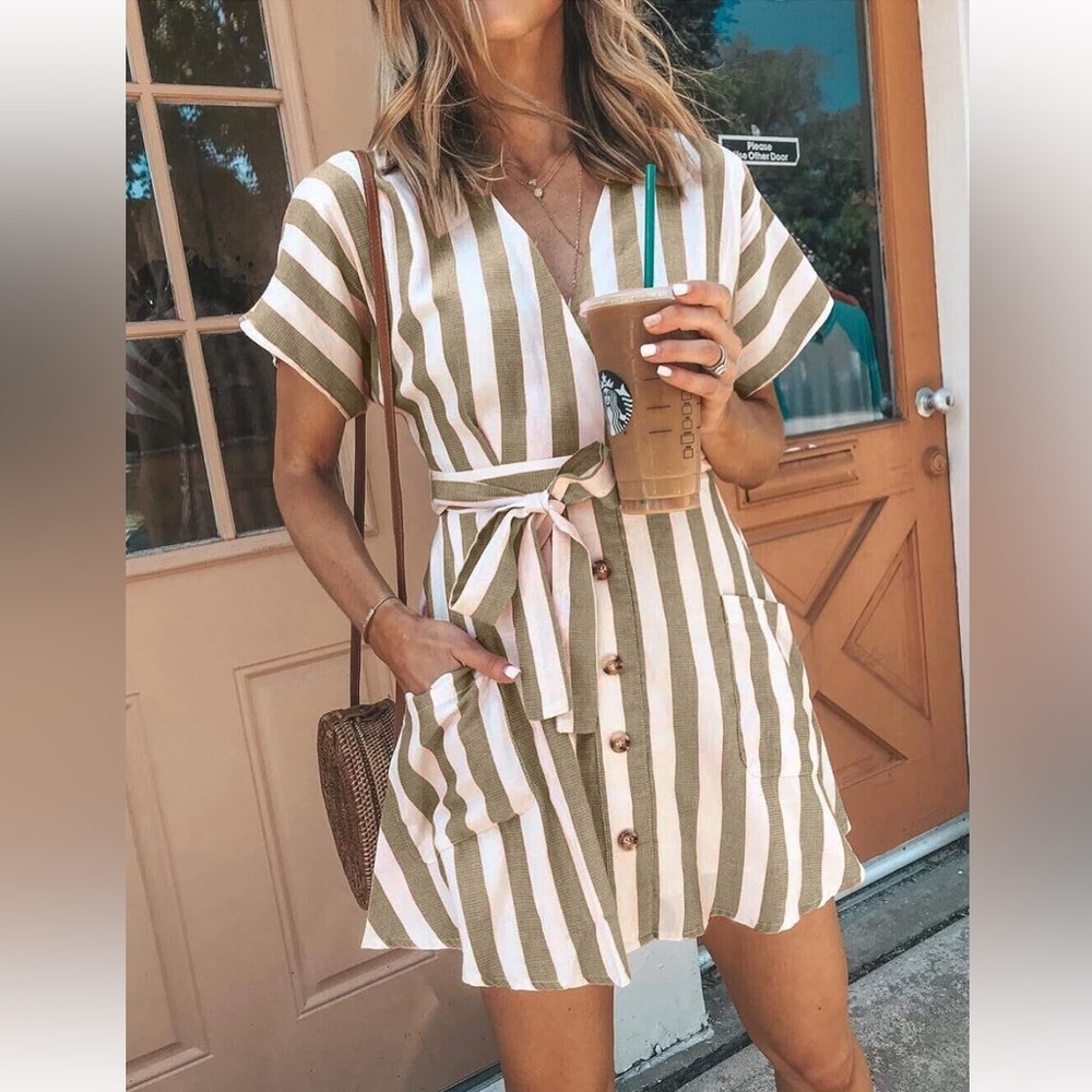 Stripe v neck short sleeve a-line dress